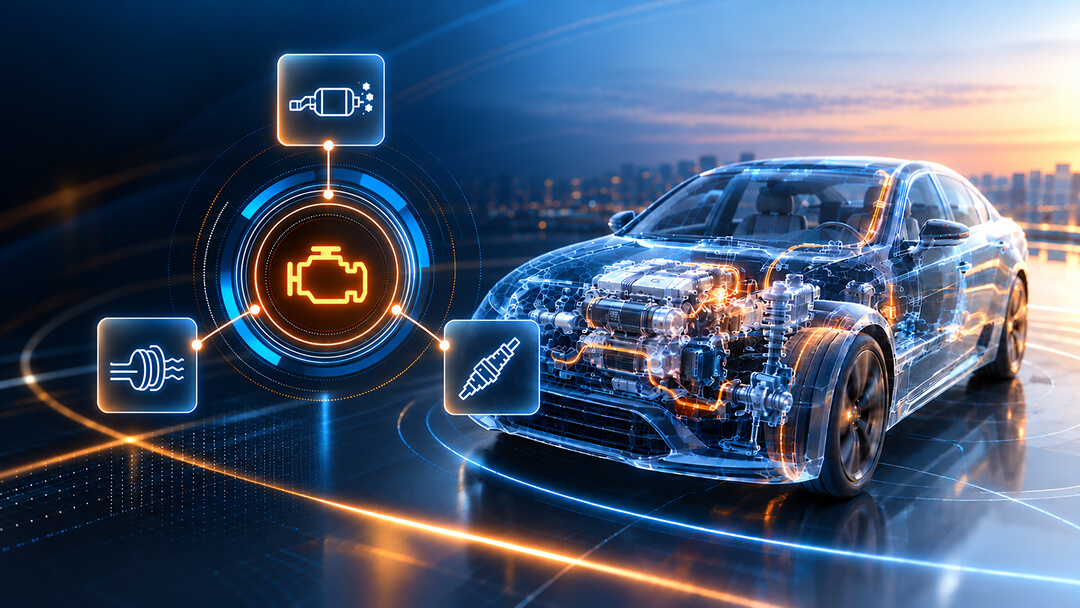 Illustration of a vehicle's internal diagnostic systems lighting up around the check engine light symbol