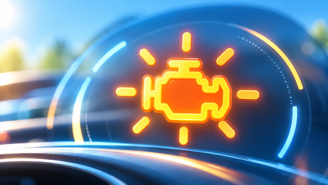 Close-up of an illuminated check engine light on a vehicle dashboard