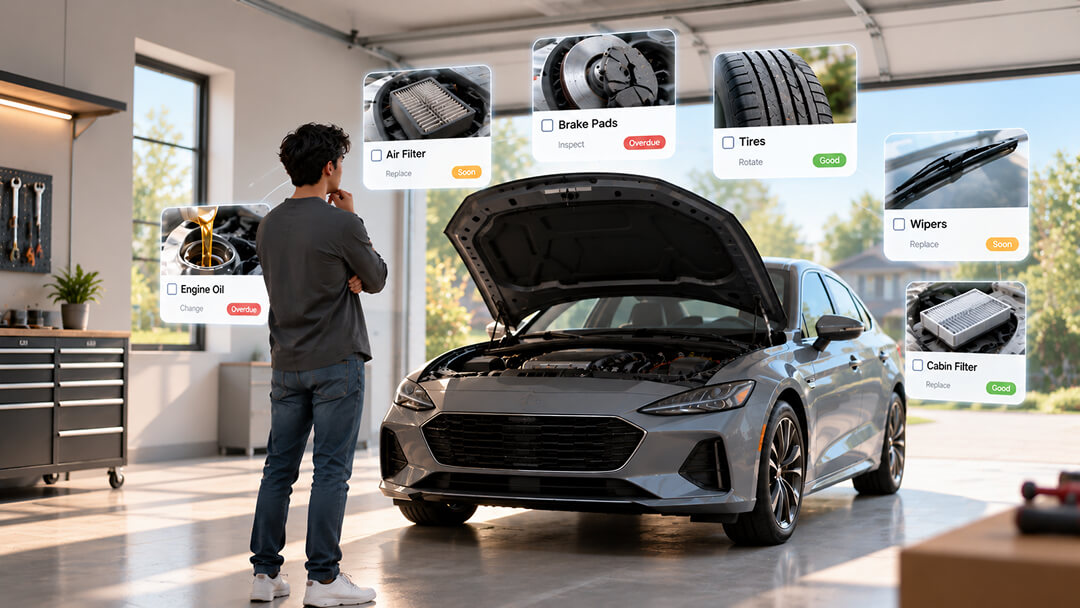 A driver reviewing CarMD-style maintenance checklist callouts for oil, brake pads, tires, wipers and cabin filter over his open hood