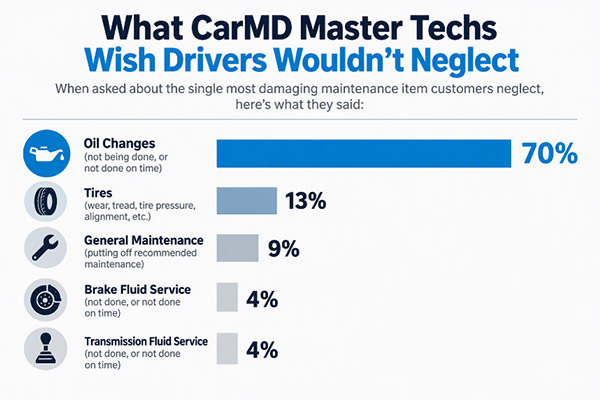 Chart: What CarMD Master Techs Wish Drivers Wouldn't Neglect — oil changes 70%, tires 13%, general maintenance 9%, brake fluid service 4%, transmission fluid service 4%