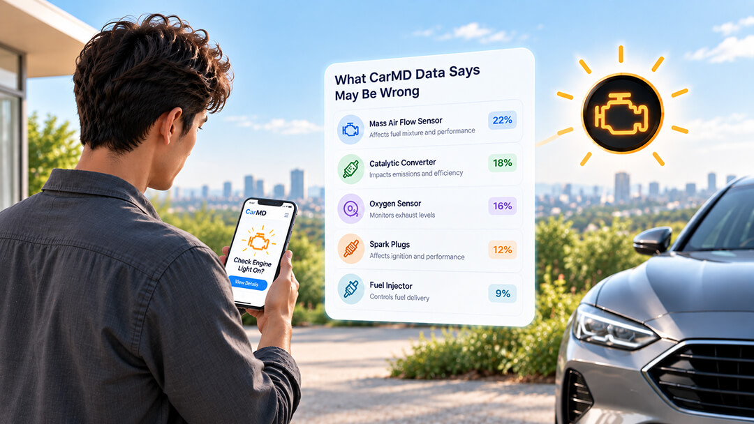 A driver checking the CarMD Connect app next to a summary of what CarMD data says may be wrong with his vehicle