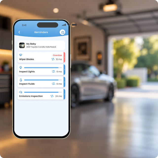 CarMD Connect app showing upcoming vehicle maintenance reminders