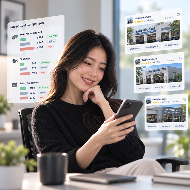 Woman comparing repair shops and costs in the CarMD Connect app