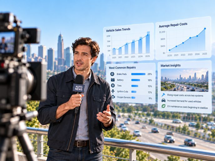 Journalist reporting with automotive market charts