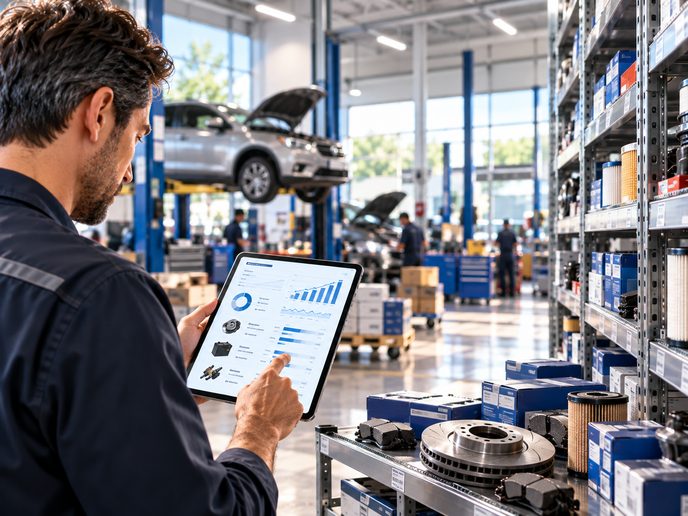 Technician reviewing parts demand on a tablet